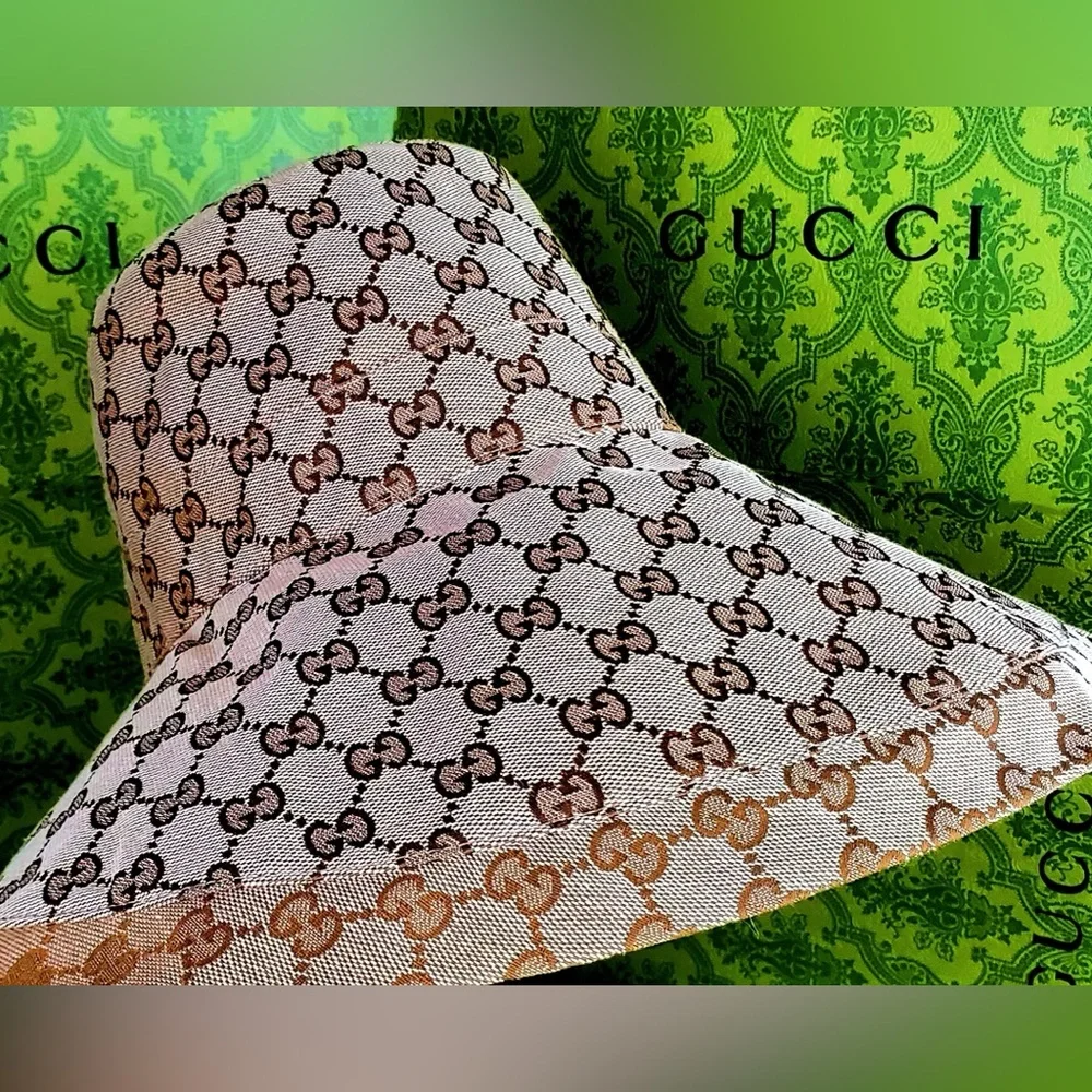 Gucci GG Monogram Bucket Hat Wide Brim Beige Tan Canvas Jacquard Sun Coverage - Picture 5 of 16